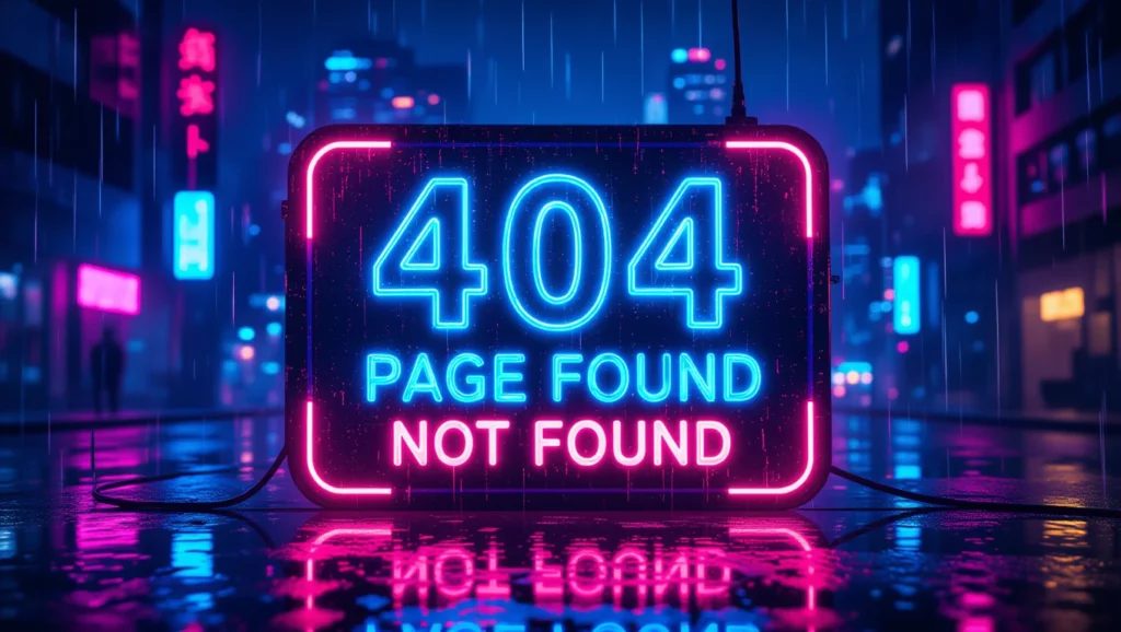 Egy neonfényű tábla, amelyen a '404 PAGE NOT FOUND' felirat látható, városi háttérrel.