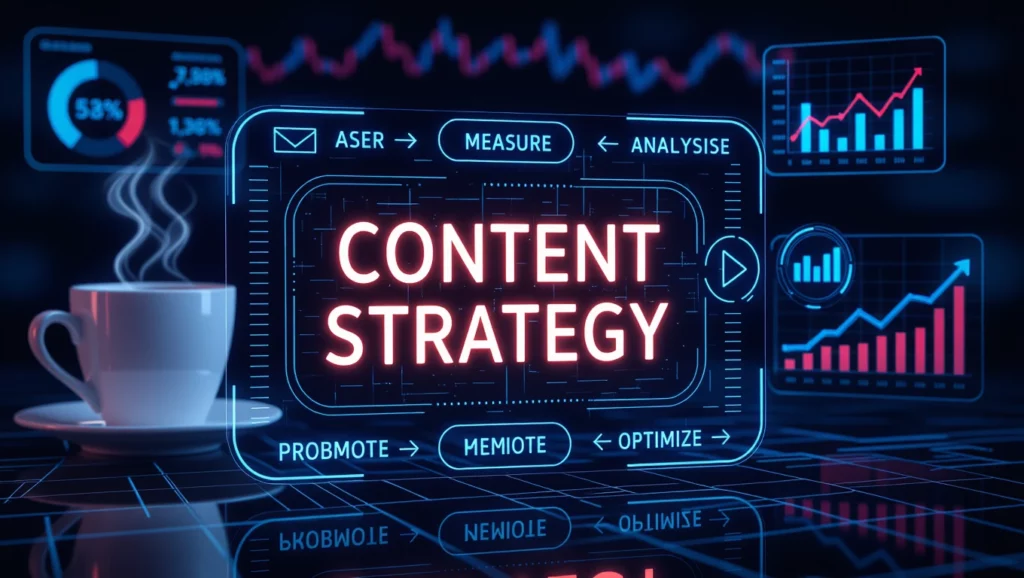 A képen egy digitális kijelző látható, amely a tartalommarketing stratégiáját és a SEO optimalizálás különböző aspektusait mutatja be grafikonokkal és statisztikákkal.