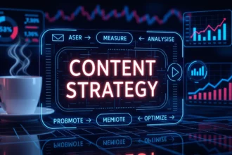 A képen egy digitális kijelző látható, amely a tartalommarketing stratégiáját és a SEO optimalizálás különböző aspektusait mutatja be grafikonokkal és statisztikákkal.