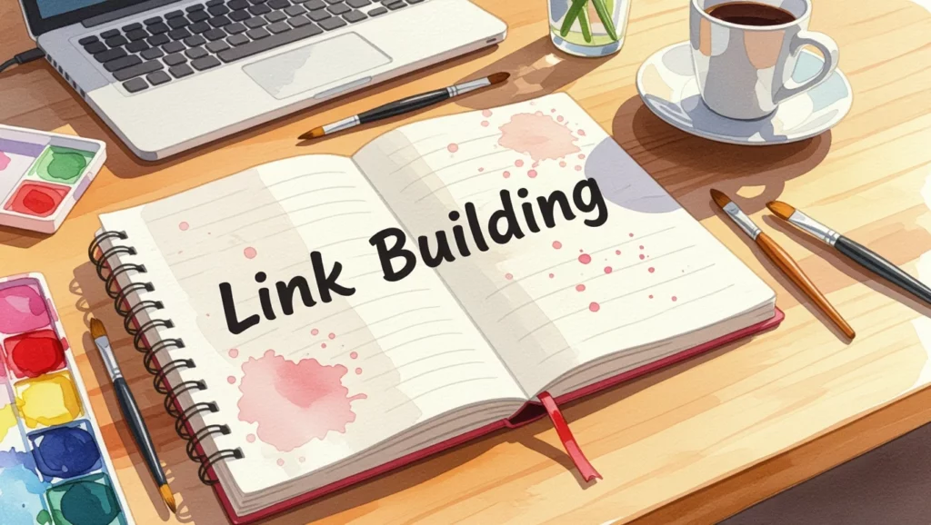 Egy nyitott jegyzetfüzet, amelyen a 'Link Building' felirat olvasható, festékfoltokkal, egy laptop és egy kávéscsésze mellett.