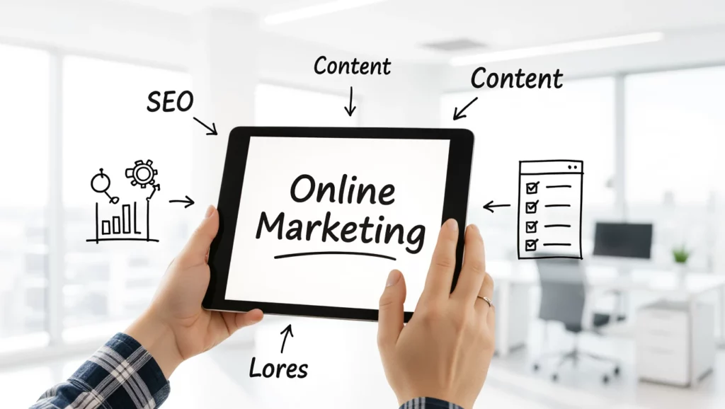 A képen egy tablet látható, amelyen az 'Online Marketing' felirat olvasható. Körülötte SEO, tartalom és egy ellenőrző lista ikonok találhatók, utalva a digitális marketing stratégiákra.