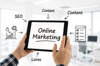 A képen egy tablet látható, amelyen az 'Online Marketing' felirat olvasható. Körülötte SEO, tartalom és egy ellenőrző lista ikonok találhatók, utalva a digitális marketing stratégiákra.