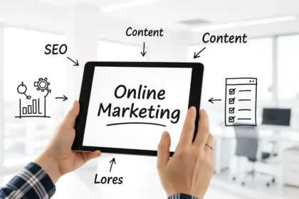 A képen egy tablet látható, amelyen az 'Online Marketing' felirat olvasható. Körülötte SEO, tartalom és egy ellenőrző lista ikonok találhatók, utalva a digitális marketing stratégiákra.