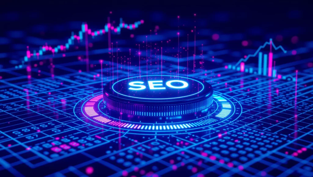 A képen egy futurisztikus, digitális SEO gomb látható, amely körül adatvizualizációk és grafikonok jelennek meg, utalva a mesterséges intelligencia szerepére a keresőoptimalizálásban.