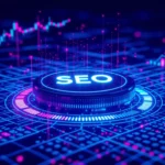 A képen egy futurisztikus, digitális SEO gomb látható, amely körül adatvizualizációk és grafikonok jelennek meg, utalva a mesterséges intelligencia szerepére a keresőoptimalizálásban.