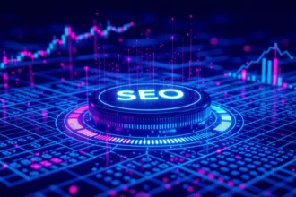 A képen egy futurisztikus, digitális SEO gomb látható, amely körül adatvizualizációk és grafikonok jelennek meg, utalva a mesterséges intelligencia szerepére a keresőoptimalizálásban.