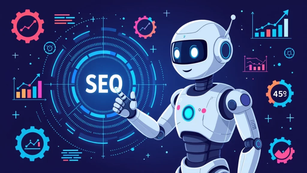 A képen egy barátságos robot látható, amely a SEO szót mutatja, háttérben grafikonokkal és statisztikai elemekkel, utalva a mesterséges intelligencia linképítési szerepére.