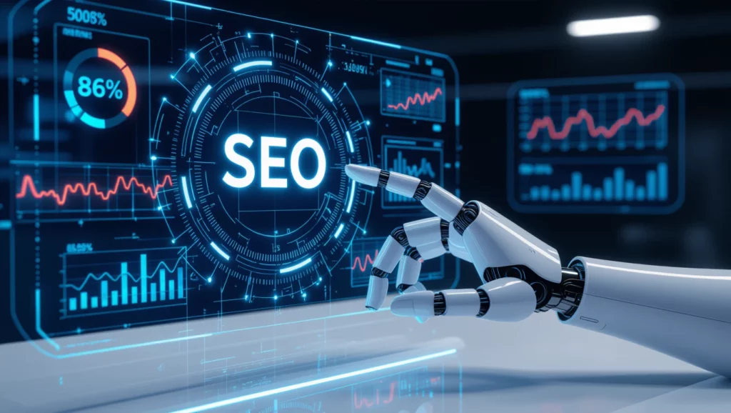 Egy robotkar mutat a SEO feliratra, háttérben grafikonok és statisztikák láthatók, amelyek a keresőoptimalizálás fontosságát hangsúlyozzák.