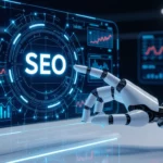 Egy robotkar mutat a SEO feliratra, háttérben grafikonok és statisztikák láthatók, amelyek a keresőoptimalizálás fontosságát hangsúlyozzák.