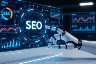 Egy robotkar mutat a SEO feliratra, háttérben grafikonok és statisztikák láthatók, amelyek a keresőoptimalizálás fontosságát hangsúlyozzák.