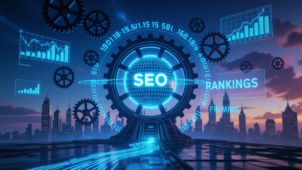 Digitális városkép, ahol fogaskerekek és grafikonok jelenítik meg az SEO és rangsorolás fogalmát.