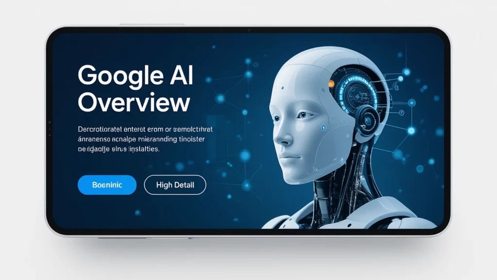A képen egy futurisztikus robot arca látható, mellette a Google AI Overview felirattal. A háttér sötétkék, technológiai elemekkel díszítve.