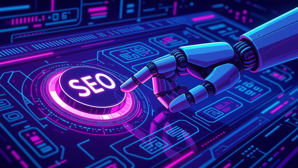 Egy robotkar nyomja meg az SEO gombot egy digitális felületen, amely a mesterséges intelligencia és keresőoptimalizálás kapcsolatát szimbolizálja.
