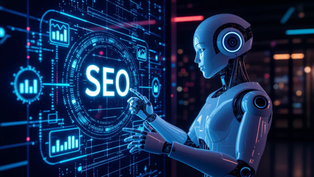 Egy futurisztikus robot mutat a SEO feliratra, amely a digitális marketing és keresőoptimalizálás világát szimbolizálja.