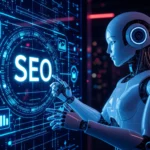Egy futurisztikus robot mutat a SEO feliratra, amely a digitális marketing és keresőoptimalizálás világát szimbolizálja.