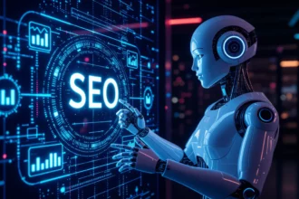 Egy futurisztikus robot mutat a SEO feliratra, amely a digitális marketing és keresőoptimalizálás világát szimbolizálja.