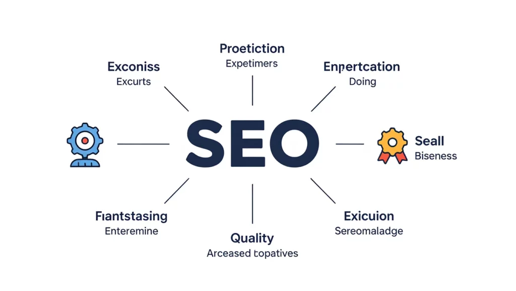 A SEO fogalmát körülvevő kulcsszavak és fogalmak grafikus ábrázolása, amelyek a keresőoptimalizálás különböző aspektusait mutatják be.