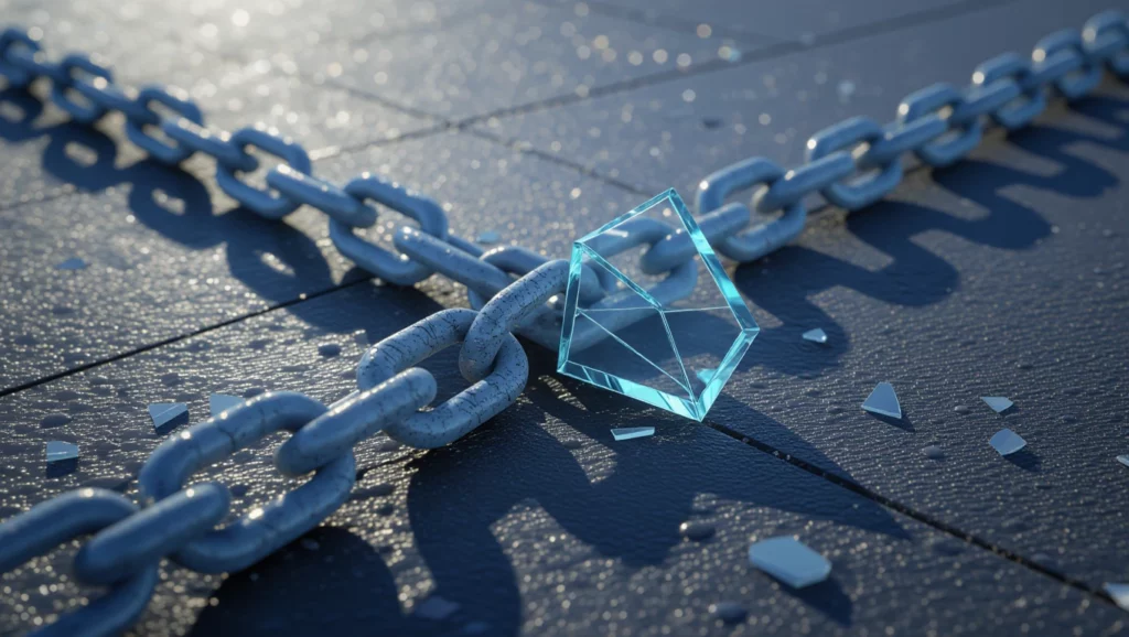 Egy törött láncszem, amely mellett egy átlátszó, geometrikus forma található, szimbolizálva a törött linképítést az SEO világában.