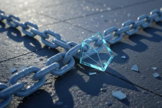 Egy törött láncszem, amely mellett egy átlátszó, geometrikus forma található, szimbolizálva a törött linképítést az SEO világában.
