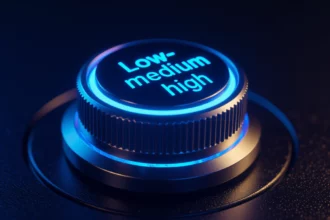 Egy világító gomb, amelyen a 'Low-medium high' felirat látható, a keresőoptimalizálás és CTR növelésének szimbolikájaként.