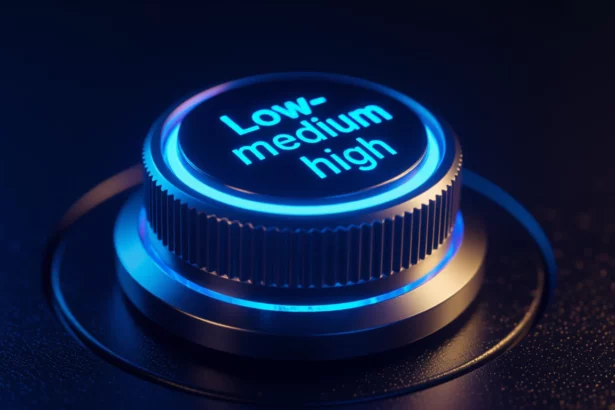 Egy világító gomb, amelyen a 'Low-medium high' felirat látható, a keresőoptimalizálás és CTR növelésének szimbolikájaként.