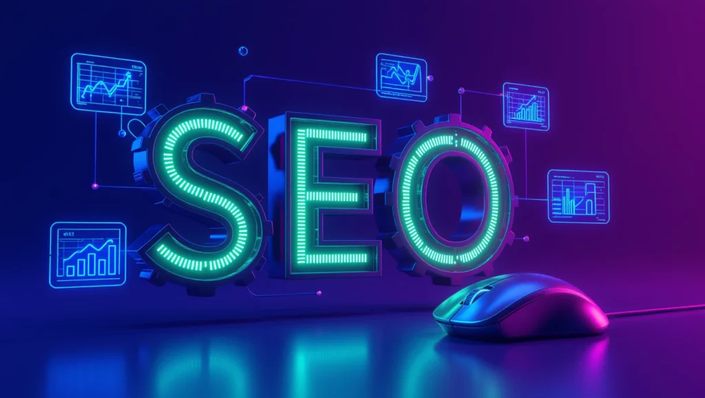 A képen a SEO felirat látható, amelyet grafikus elemek és statisztikák vesznek körül, utalva a keresőoptimalizálás fontosságára a CTR növelésében.