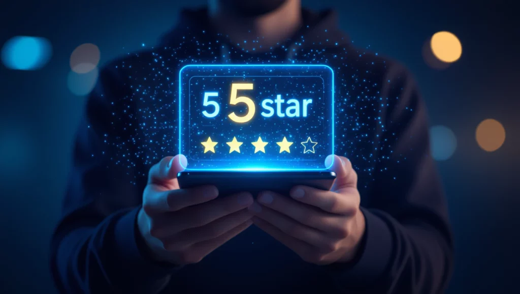 Egy ember kezében egy fénylő, digitális tablet látható, amelyen ötcsillagos értékelés szerepel, utalva a SEO sikerére.