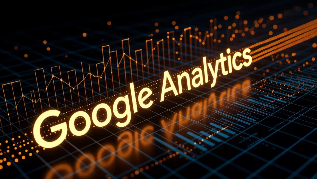 A Google Analytics logója egy sötét háttér előtt, grafikonokkal és adatokkal körülvéve, amelyek a weboldal teljesítményének mérését jelzik.