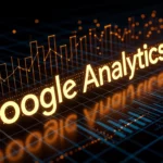 A Google Analytics logója egy sötét háttér előtt, grafikonokkal és adatokkal körülvéve, amelyek a weboldal teljesítményének mérését jelzik.