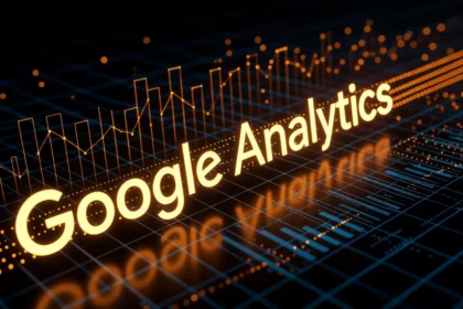 A Google Analytics logója egy sötét háttér előtt, grafikonokkal és adatokkal körülvéve, amelyek a weboldal teljesítményének mérését jelzik.