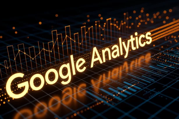 A Google Analytics logója egy sötét háttér előtt, grafikonokkal és adatokkal körülvéve, amelyek a weboldal teljesítményének mérését jelzik.