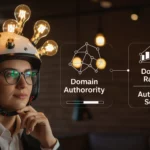 Egy női figura, aki innovatív sisakot visel, amelyen izzók találhatók. A háttérben grafikus elemek mutatják a Domain Authority és a Domain Rating kapcsolatát.