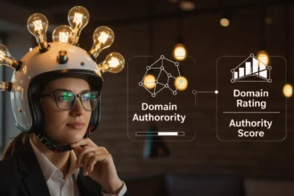 Egy női figura, aki innovatív sisakot visel, amelyen izzók találhatók. A háttérben grafikus elemek mutatják a Domain Authority és a Domain Rating kapcsolatát.