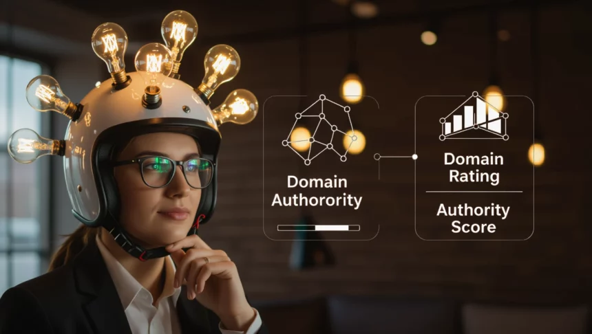 Egy női figura, aki innovatív sisakot visel, amelyen izzók találhatók. A háttérben grafikus elemek mutatják a Domain Authority és a Domain Rating kapcsolatát.