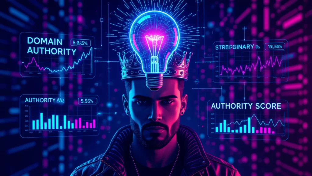 Egy férfi, aki koronát visel, a fején világító izzóval, háttérben grafikonok a Domain Authority és Authority Score mutatókkal.