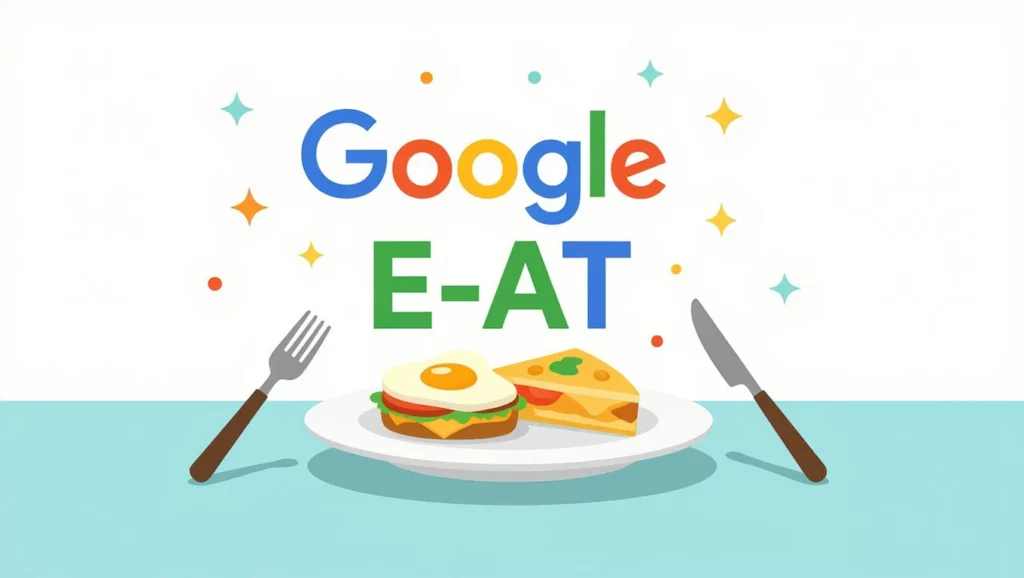 Egy tányéron ízletes reggeli ételek, mint tojás és sajtos pite, a Google E-E-A-T logója mellett.