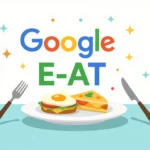 Egy tányéron ízletes reggeli ételek, mint tojás és sajtos pite, a Google E-E-A-T logója mellett.