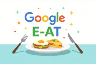 Egy tányéron ízletes reggeli ételek, mint tojás és sajtos pite, a Google E-E-A-T logója mellett.