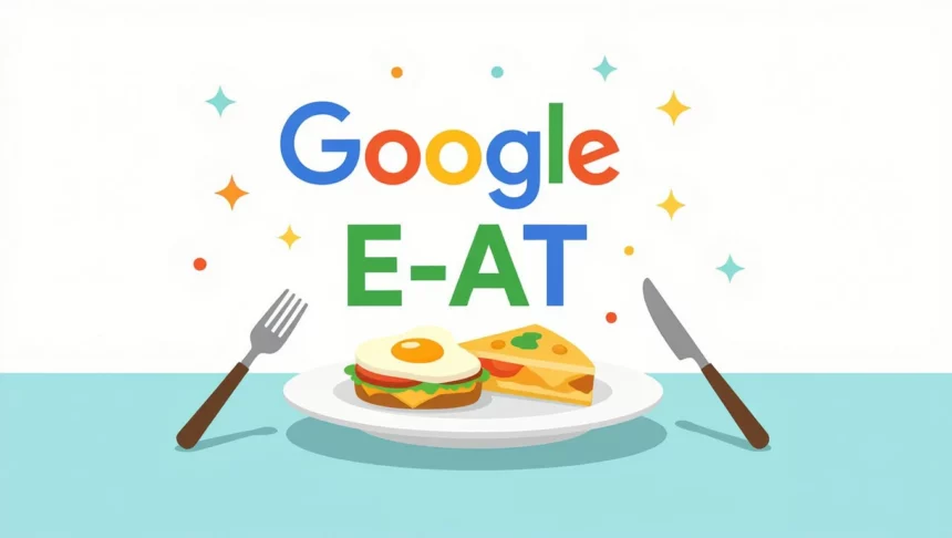 Egy tányéron ízletes reggeli ételek, mint tojás és sajtos pite, a Google E-E-A-T logója mellett.