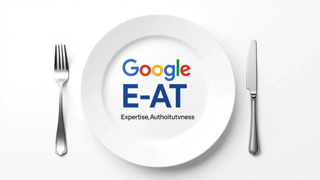 Egy fehér tányéron a Google logója és az E-E-A-T betűszó látható, evőeszközökkel körülvéve.