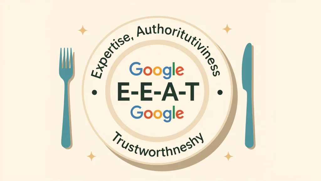 Egy tányéron a Google E-E-A-T betűszava látható, amely a tapasztalatot, szakértelmet, tekintélyt és megbízhatóságot jelöli.