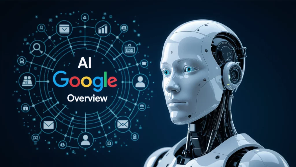 A képen egy futurisztikus robot arca látható, amely mellett a Google AI Overview logó és kapcsolódó ikonok találhatók, utalva a mesterséges intelligencia szerepére a keresőoptimalizálásban.