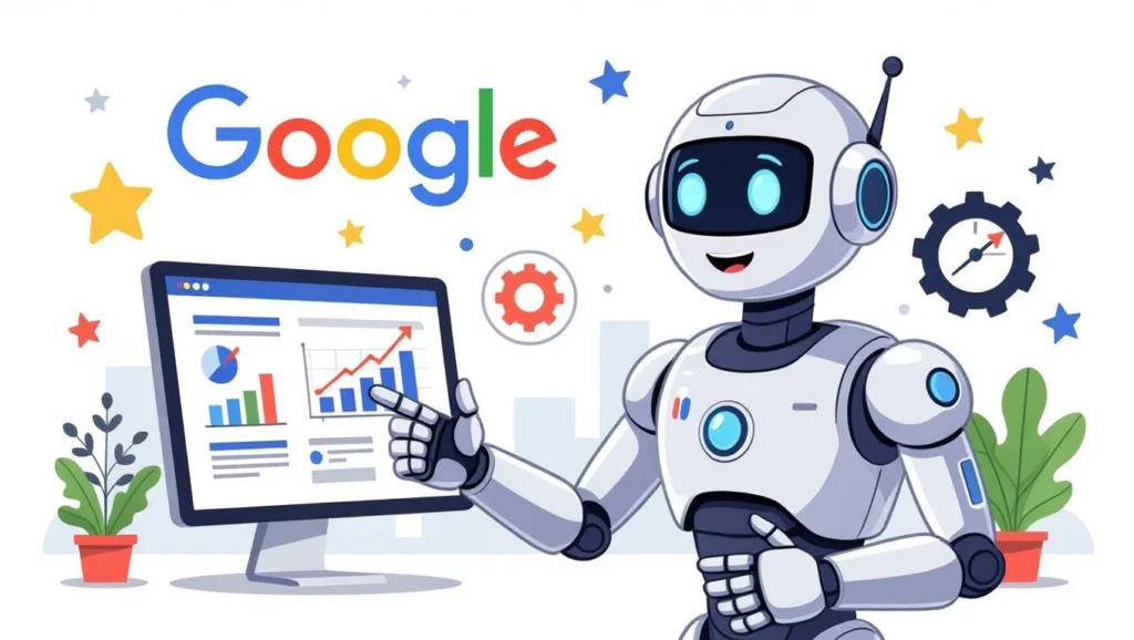 A képen egy barátságos robot látható, amely a Google logója mellett áll, és egy számítógép képernyőjén grafikonokat mutat, utalva a Google AI fejlődésére.