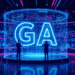 A képen egy modern, digitális környezet látható, ahol a Google Analytics 4 logója és grafikonok jelennek meg, utalva a keresőoptimalizálásra.