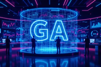 A képen egy modern, digitális környezet látható, ahol a Google Analytics 4 logója és grafikonok jelennek meg, utalva a keresőoptimalizálásra.