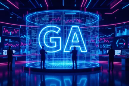 A képen egy modern, digitális környezet látható, ahol a Google Analytics 4 logója és grafikonok jelennek meg, utalva a keresőoptimalizálásra.