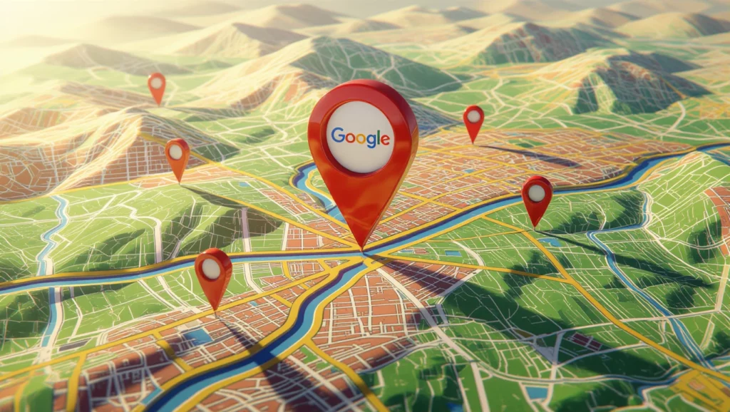 Egy térkép, amelyen Google helymeghatározó jelölők láthatók, utalva a helyi keresőoptimalizálás fontosságára.