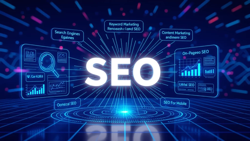 A kép középpontjában a 'SEO' felirat áll, körülötte különböző SEO-hoz kapcsolódó fogalmak, mint például 'Keyword Marketing', 'Content Marketing' és 'On-Page SEO'.