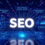 A kép középpontjában a 'SEO' felirat áll, körülötte különböző SEO-hoz kapcsolódó fogalmak, mint például 'Keyword Marketing', 'Content Marketing' és 'On-Page SEO'.