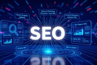 A kép középpontjában a 'SEO' felirat áll, körülötte különböző SEO-hoz kapcsolódó fogalmak, mint például 'Keyword Marketing', 'Content Marketing' és 'On-Page SEO'.